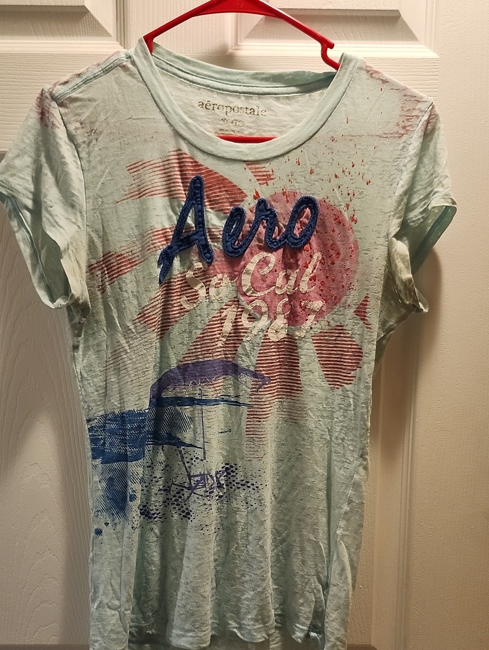 Aeropostale Light Mint Graphic Tee with Blue & Pink Print
